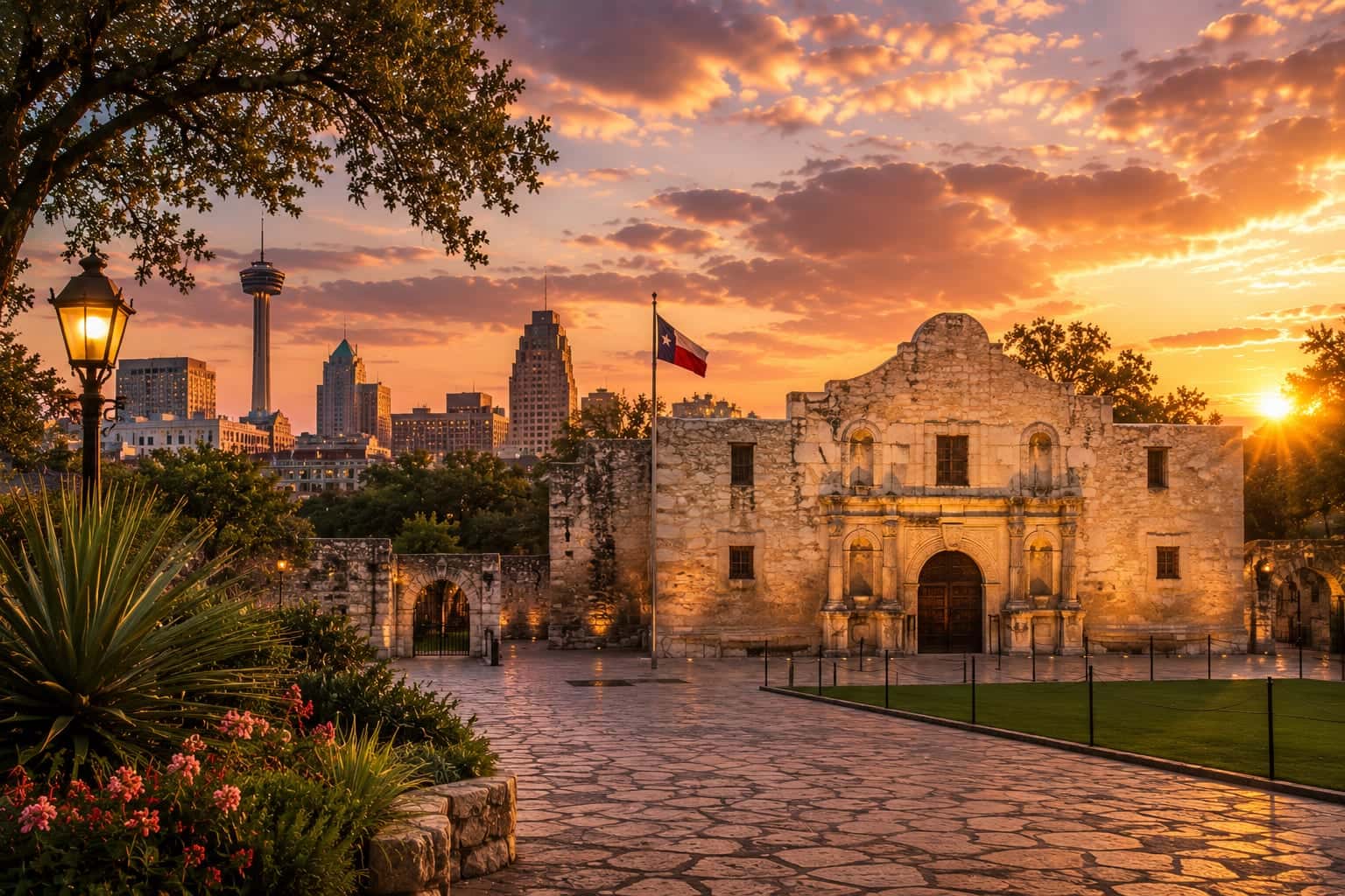 San Antonio, the Texas Hill Country, the Gulf coast, and cities across the U.S. at sunset